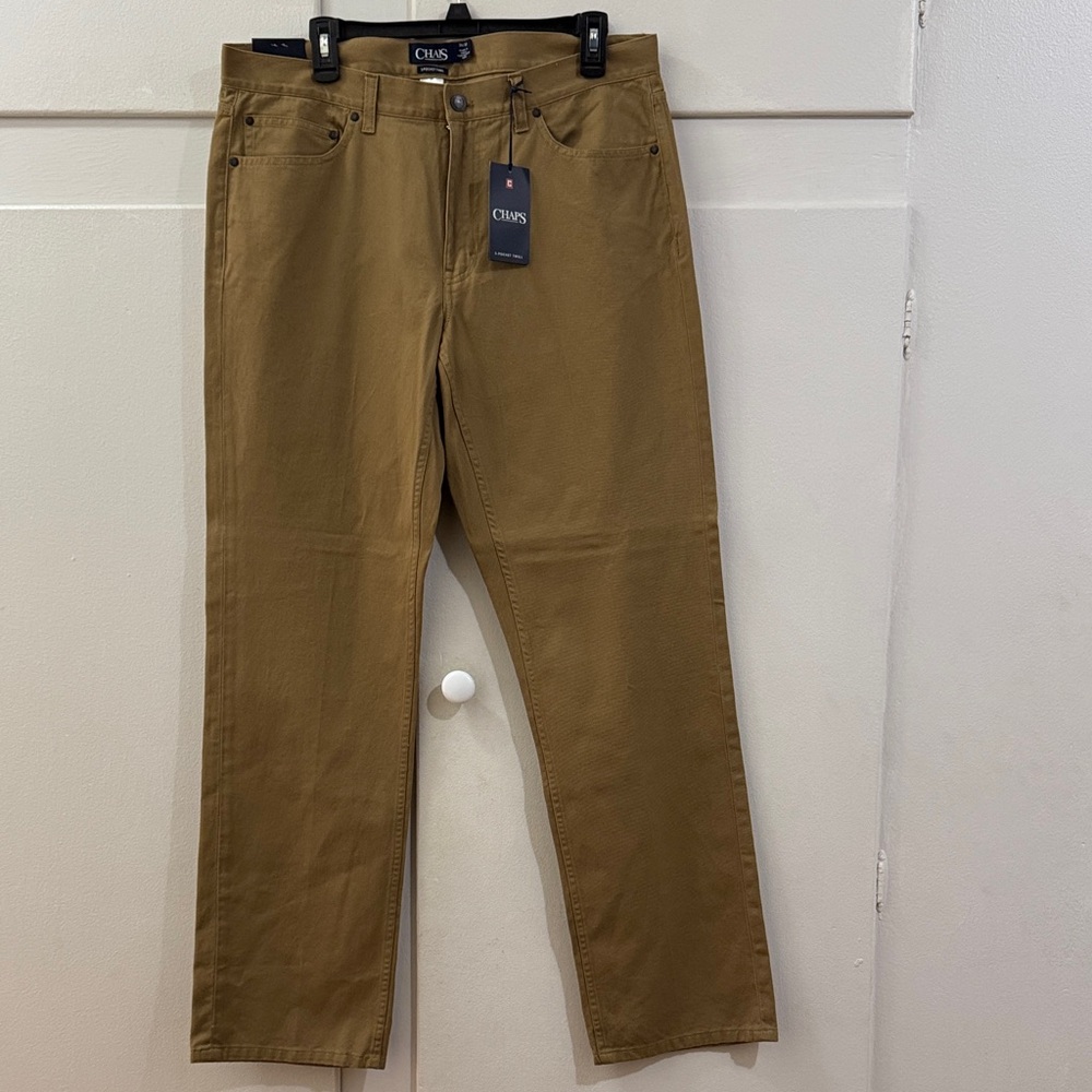 Men’s Chaps 5 pocket Twill Chino, size 34x32, tan bronze, straight, flat front